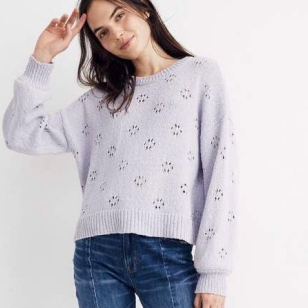Madewell Floral Pointelle Balloon Sleeve Pullover Sweater Sundrenched Lilac
